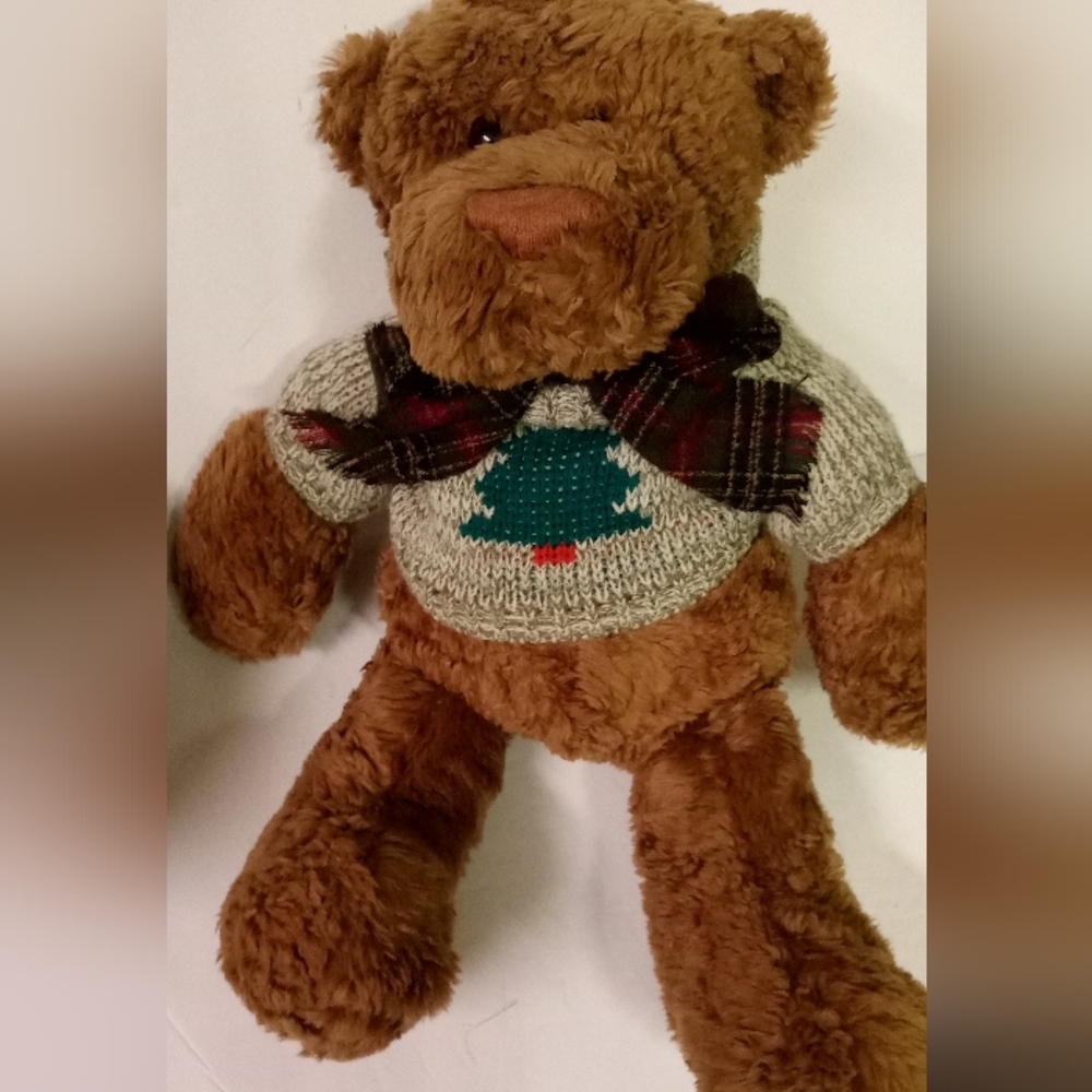 Gund Teddybear Nubuck Brown with Christmas Sweater & Plaid Scarf 18"
